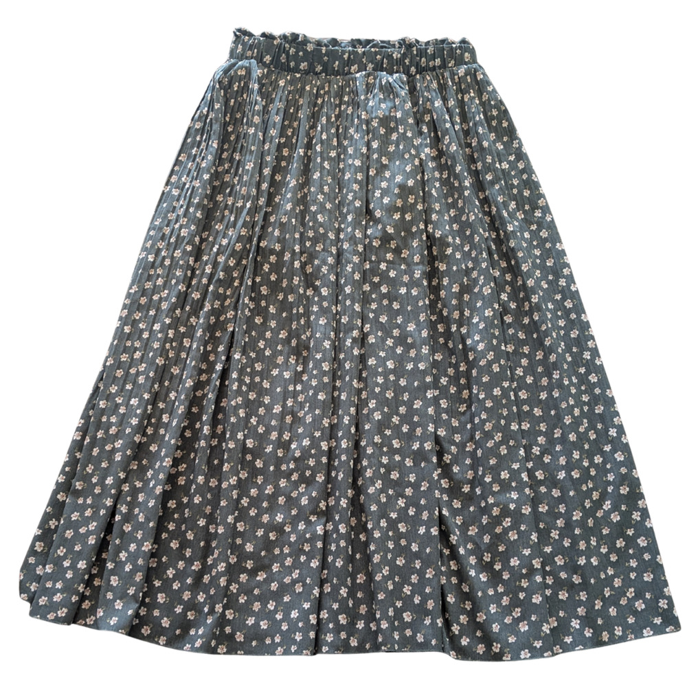 Floral Pleated Midi Skirt Women’s L Green Boho Elastic Waist